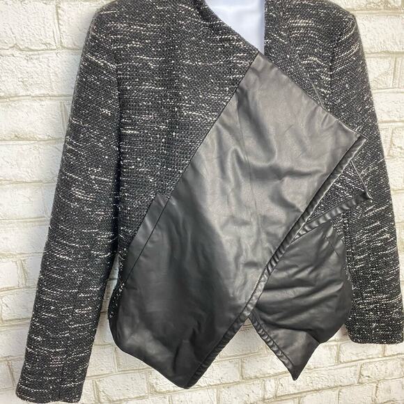BB Dakota Blazer Jacket Renata Wool Tweed Faux Leather Vegan Open Drape Black M - Picture 5 of 9
